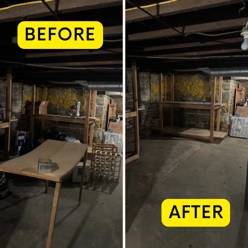 Before and after basement junk removal cleanout in Ithaca, NY showing a cluttered storage area cleared into an open, usable space.