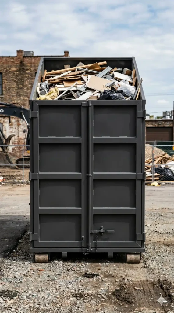 Loaded 21-yard roll-off dumpster filled with construction and demolition debris on a job site in Ithaca, NY.