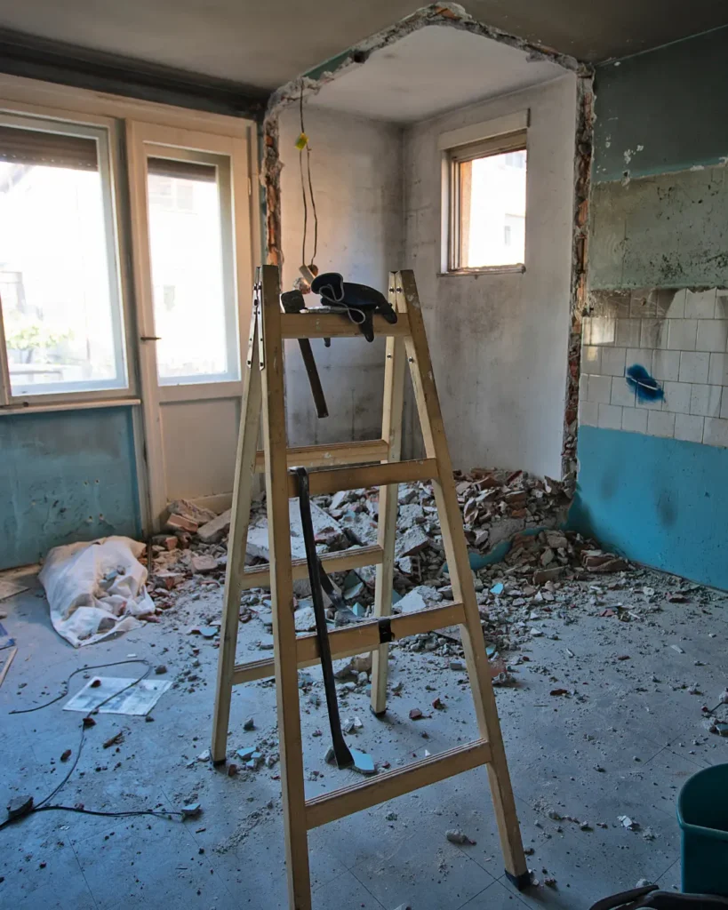 Interior demolition in Painted Post, NY with broken plaster and brick rubble piled on the floor, bagged and ready for haul-away