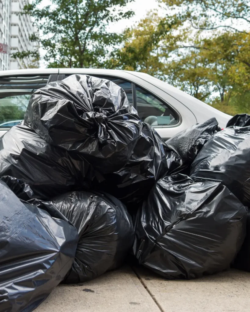 Pile of full black trash bags set out at a residential curb for weekly trash pickup in Watkins Glen, NY, collected by Morse Junk on a set schedule